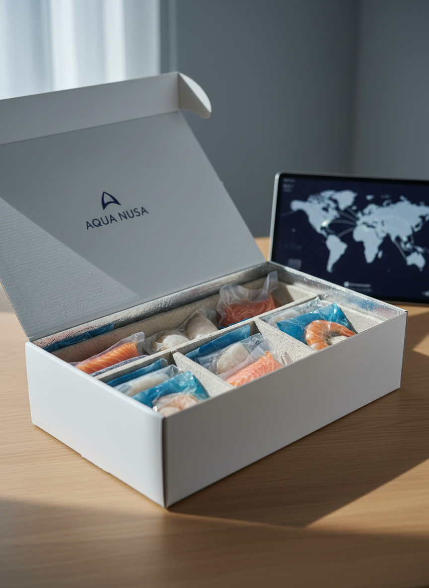 A sleek white insulated shipping box branded with a subtle navy “Aqua Nusa” logo, open to reveal carefully packed vacuum-sealed seafood portions nestled within custom-contoured recyclable insulation and ice packs. The box rests on a clean, light oak surface beside a tablet displaying a stylized world map with glowing lines between continents, slightly out of focus. Soft, natural daylight from a nearby window combines with cool studio fill light, creating gentle, inviting shadows and crisp edges. Photographic realism, three-quarter view composition with shallow depth of field, emphasizing the box and its contents. The atmosphere feels trustworthy, premium, and globally connected, underscoring professional cold-chain delivery.