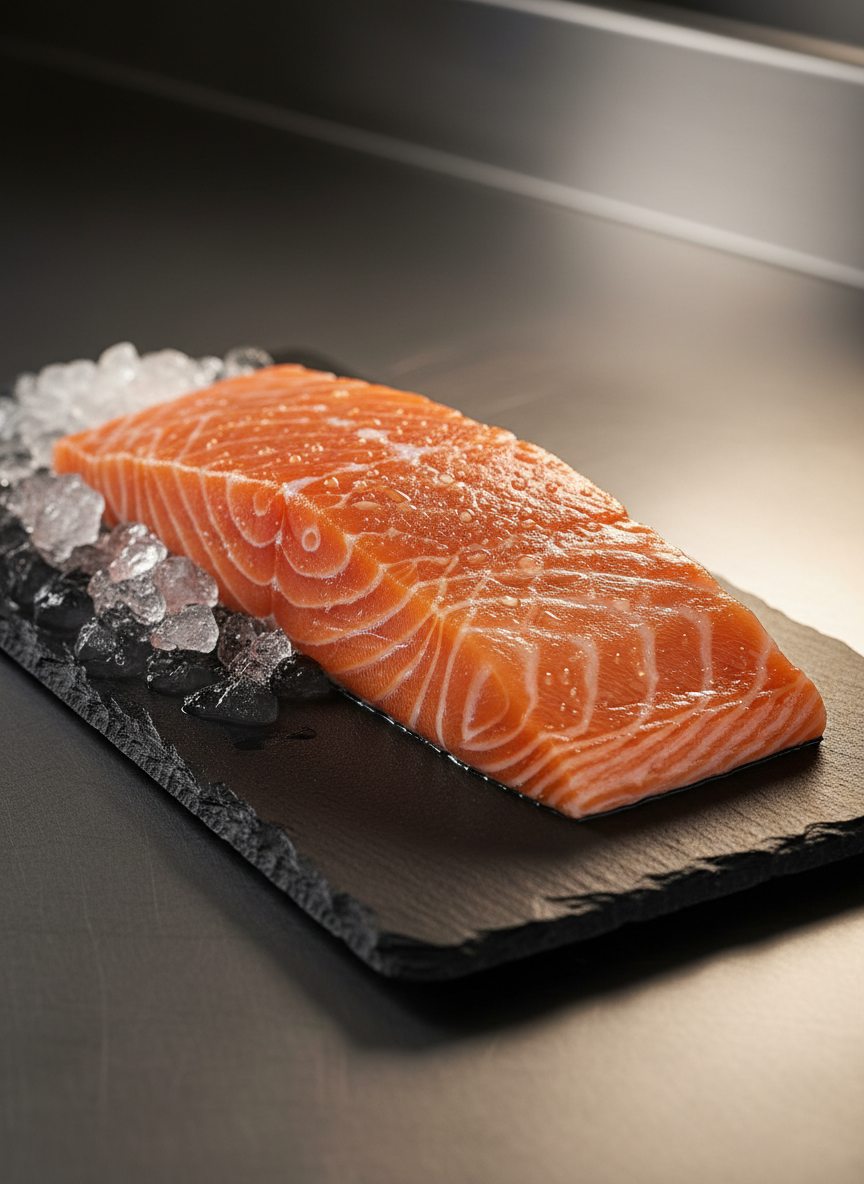A close-up of a premium sashimi-grade salmon fillet on a sleek, rectangular black stone slab, the fine white marbling clearly visible along the rich orange flesh. Tiny beads of moisture glisten on the surface, with a thin line of crushed ice along one edge to hint at temperature control. The background fades into a softly blurred, minimalist stainless-steel workspace. Directional soft studio lighting from the right creates delicate highlights on the salmon’s texture and gentle shadows along the stone. Photographic realism, low-angle macro-style composition with shallow depth of field, producing a refined, professional mood that emphasizes quality and freshness for high-end global clients.
