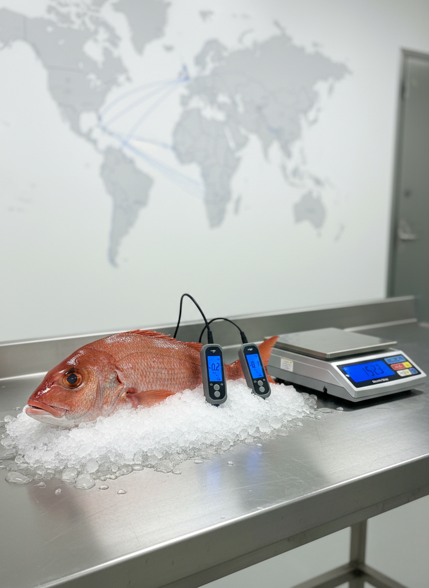 An ultra-clean, modern seafood quality control station featuring a polished stainless-steel table with a single, perfectly presented whole red snapper on a bed of crushed ice, flanked by digital temperature probes and a precise digital scale. A large, wall-mounted world map with marked shipping routes is softly blurred in the background. Neutral, bright white overhead lighting eliminates harsh shadows and emphasizes the metallic sheen and clarity of the fish’s eyes and scales. Photographic realism, slightly elevated angle with the fish placed according to the rule of thirds, creating a clinical yet reassuringly professional mood that highlights rigorous standards for international seafood delivery.