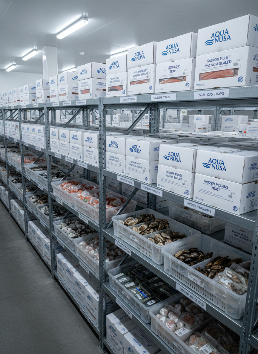 An immaculate, top-down view of a meticulously organized cold storage shelving system filled with neatly labeled cartons and transparent crates of assorted seafood: rows of vacuum-packed fillets, stacked trays of shellfish, and barcoded containers of frozen products. Each label features clear, professional typography and simple blue wave motifs associated with “Aqua Nusa.” Cool, even industrial LED lighting bathes the scene, creating consistent illumination with soft, minimal shadows that emphasize order and cleanliness. Photographic realism with sharp focus across the entire frame, geometric lines of shelves drawing the eye into depth, conveying large-scale capacity, strict inventory control, and dependable global supply.