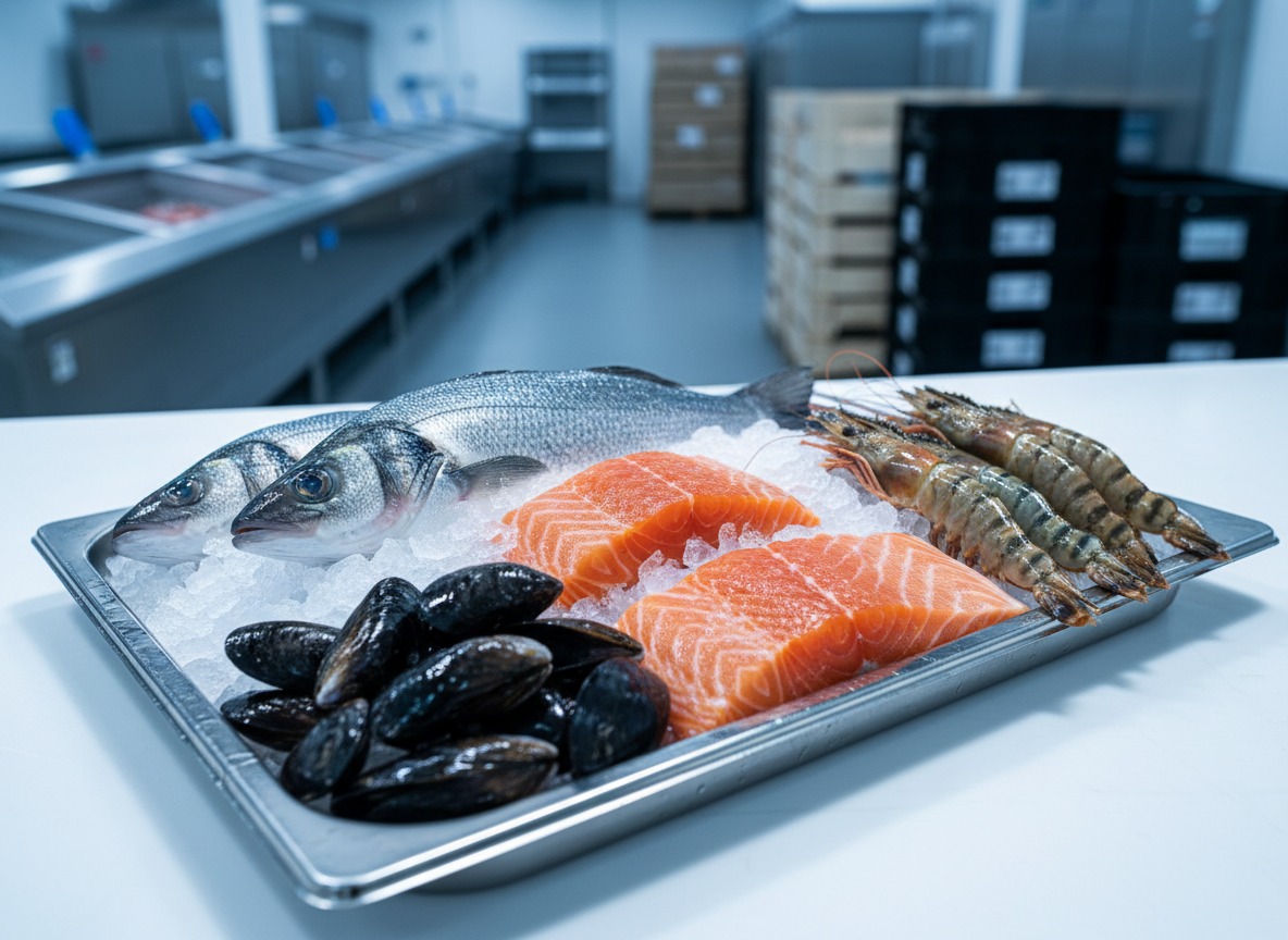 A selection of premium seafood arranged in a pristine stainless-steel tray filled with crushed ice, featuring whole silver-scaled sea bass, bright orange salmon fillets with fine marbling, glossy black mussels, and neatly stacked tiger prawns with translucent shells. The display sits on a clean white countertop in a modern cold-storage environment, with faintly visible crates and refrigeration units softly blurred in the background. Cool, diffused overhead lighting reflects off the ice and metal, creating crisp highlights and subtle shadows. Photographic realism, shot at eye level with sharp focus on the seafood and a gentle falloff into the background, conveying freshness, trust, and global-scale professionalism.
