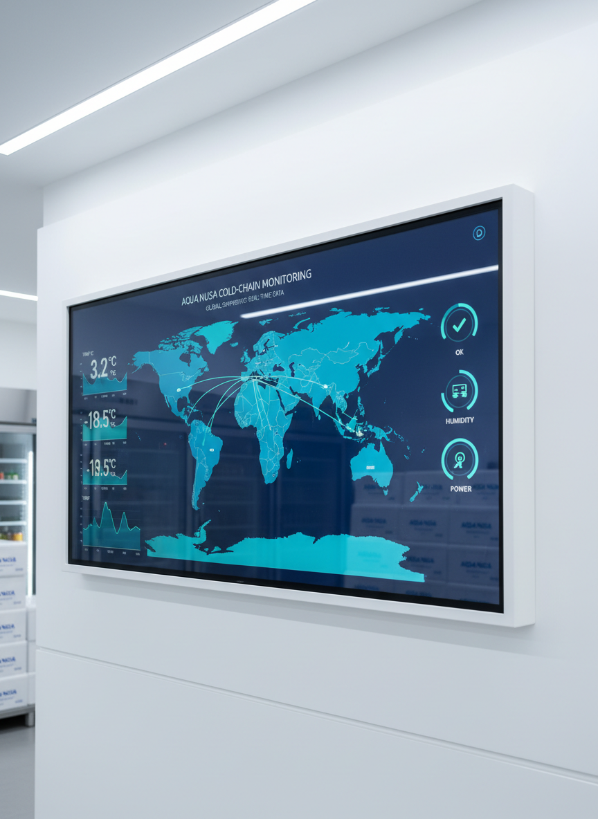 A detailed close-up of a digital dashboard screen mounted on a clean white wall, displaying live cold-chain data for Aqua Nusa shipments: world map, temperature graphs, and status indicators in a refined blue-and-teal interface. Reflections of neatly stacked insulated boxes and refrigerated storage are subtly visible on the glossy screen surface. Soft, cool LED lighting maintains a neutral tone, with gentle specular highlights on the display’s edges. Photographic realism, shot at a slight angle with the central map in sharp focus and the surrounding environment softly blurred. The scene feels high-tech, reliable, and data-driven, reinforcing precision monitoring and trusted global seafood delivery.