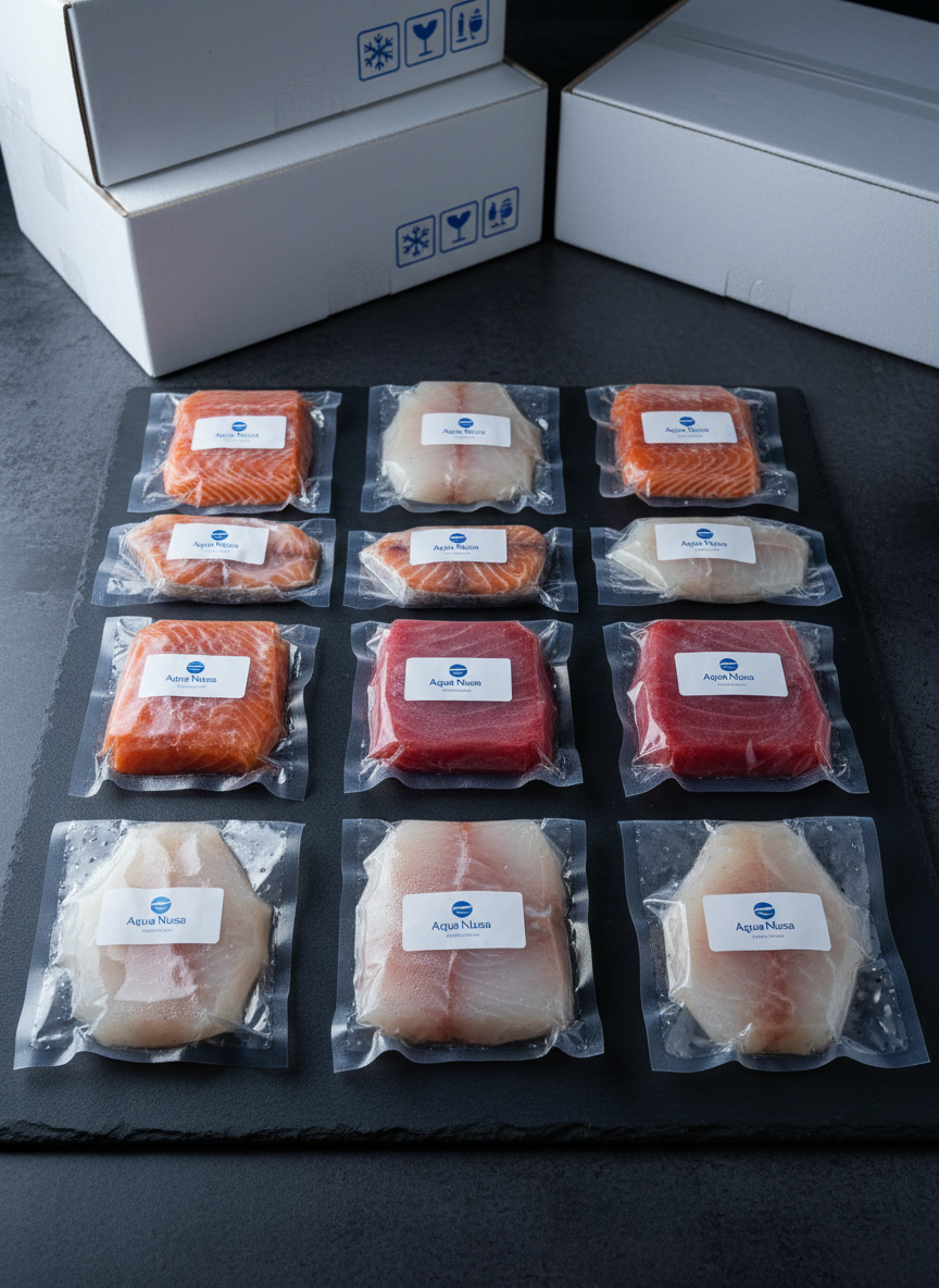 Neatly sealed, transparent vacuum-packed portions of salmon, tuna, and white fish, each labeled with minimalist blue-and-white branding reading “Aqua Nusa,” laid out in a precise grid on a matte dark slate surface. Fine condensation droplets cling to the inside of the packaging, emphasizing extreme freshness. Soft, cool studio lighting from the upper left creates subtle reflections on the plastic and a clean gradient of shadows across the slate. In the background, slightly out of focus, are stacked insulated shipping boxes with printed icons for cold chain and international delivery. Photographic realism, overhead composition with strong geometric alignment, evoking efficiency, reliability, and global-ready logistics.