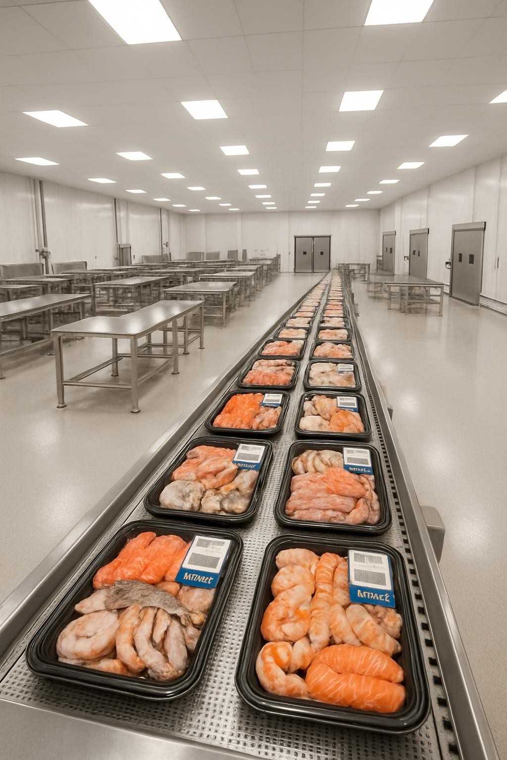 An expansive, wide-angle interior shot of a modern seafood processing facility with spotless white epoxy floors, stainless-steel processing lines, and large refrigerated storage doors in the distance. In the foreground, a conveyor belt carries uniform trays of assorted seafood products, each tray wrapped and labeled with barcodes and Aqua Nusa branding. Bright, evenly distributed overhead LED panels create a neutral, shadow-free environment, emphasizing hygiene and precision. Photographic realism with a slightly elevated perspective, strong leading lines from the conveyor and ceiling panels guiding the eye through the space. The mood is controlled, efficient, and highly professional, suggesting robust capacity for consistent global seafood distribution.